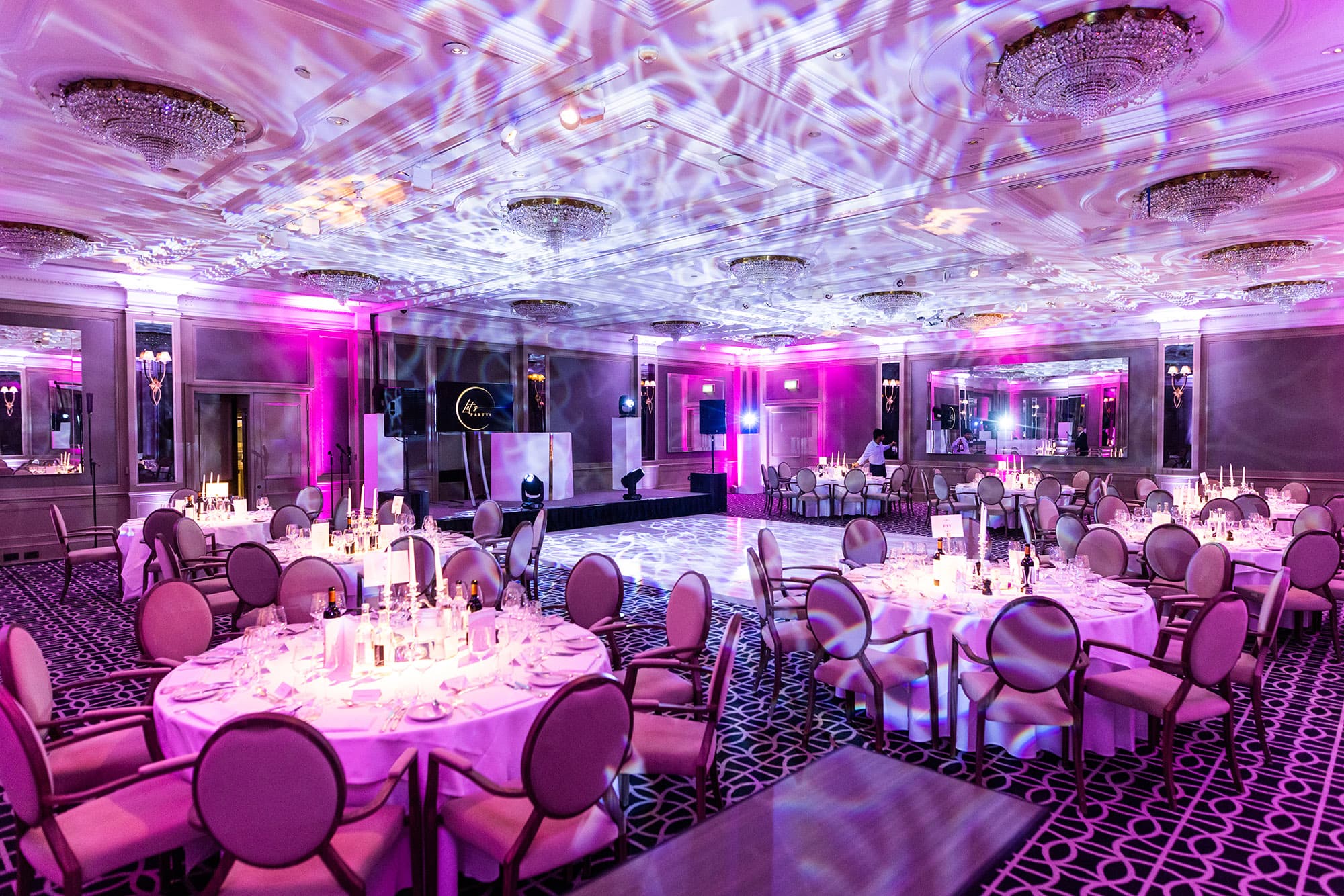 Event production setup - moving head lights and staging for luxury wedding